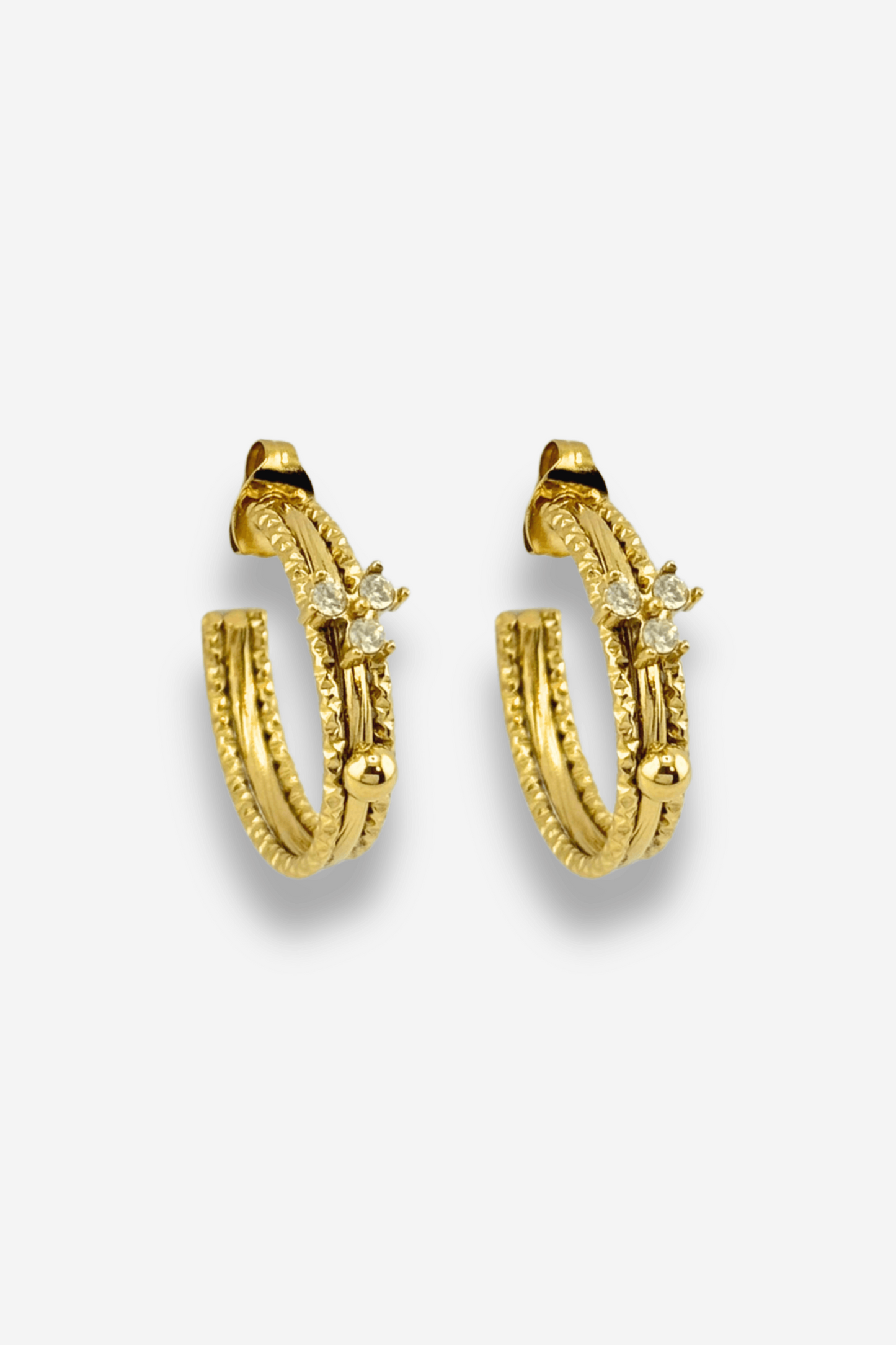 Boucles d'oreilles dorées type clou à strass effet créoles en acier inoxydables sunset sisters bay