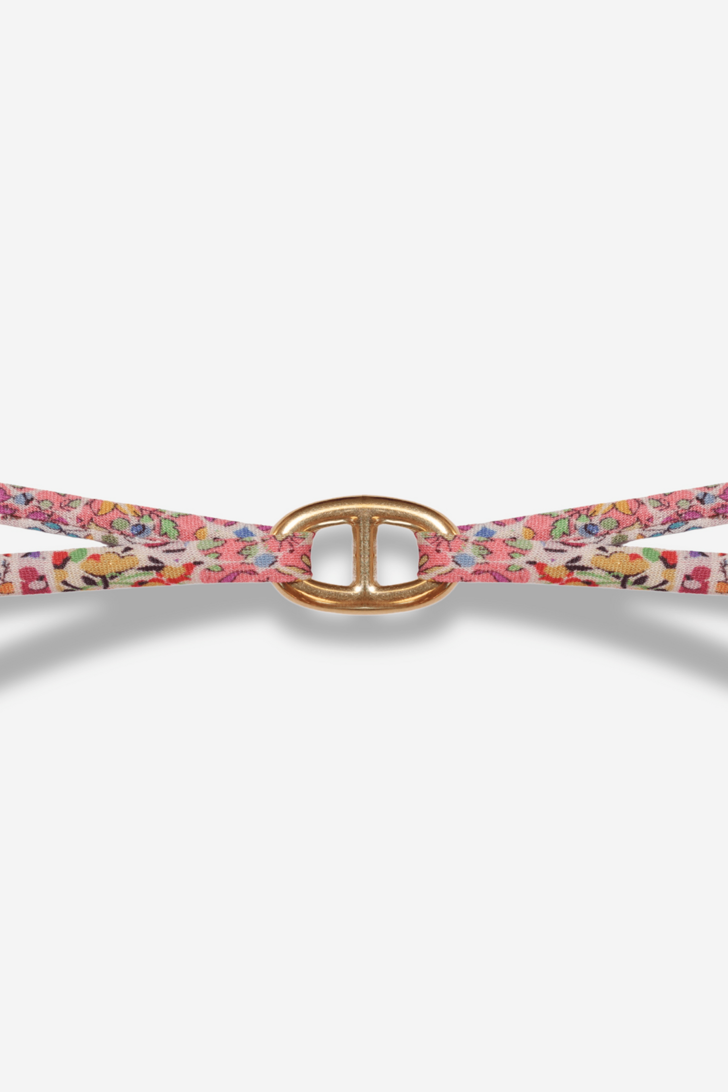 Handmade pastel floral Liberty bracelet, Navy Sisters Bay, with adjustable gold stainless steel link – perfect for summer and back to school.
