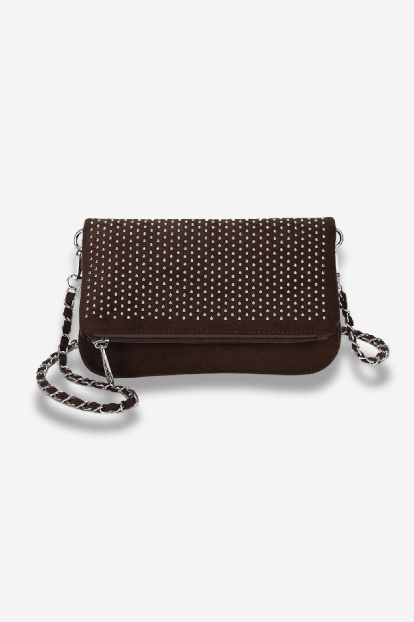 Sac bandoulière chocolat effet suède clouté en synthétique, avec chaîne. Un modèle compact et stylé pour sublimer tes looks du quotidien. Sisters Bay.