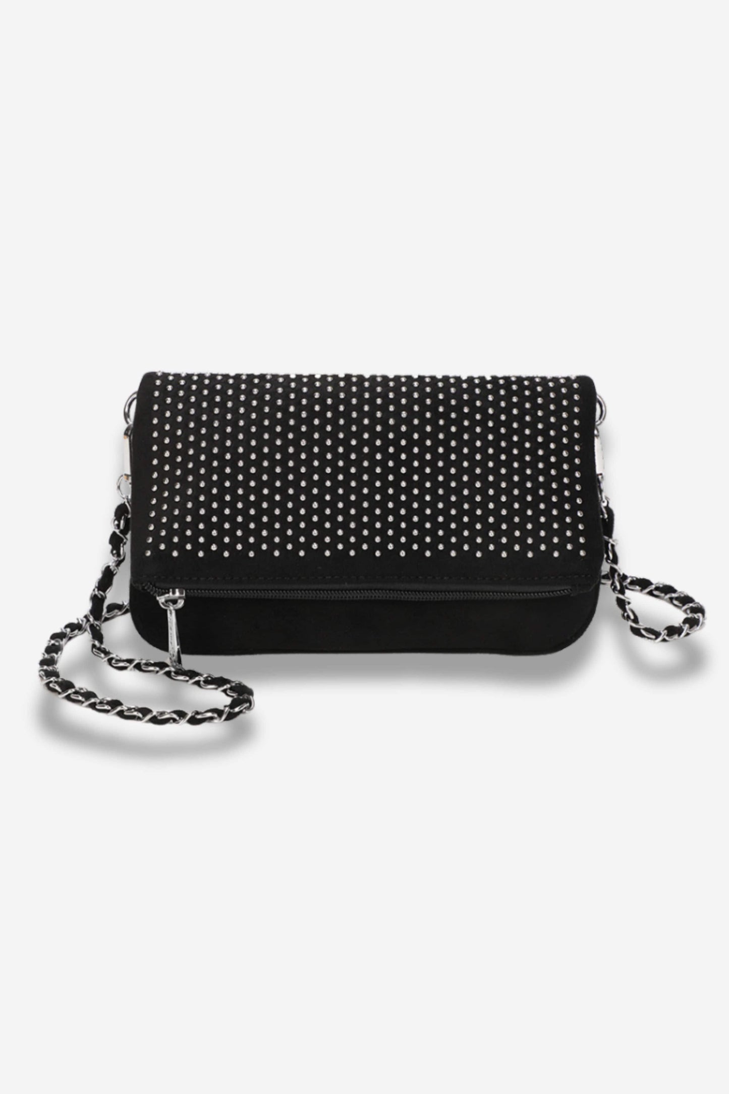 Sac bandoulière noir effet suède clouté en synthétique, avec chaîne. Un modèle compact et stylé pour sublimer tes looks du quotidien. Sisters Bay.