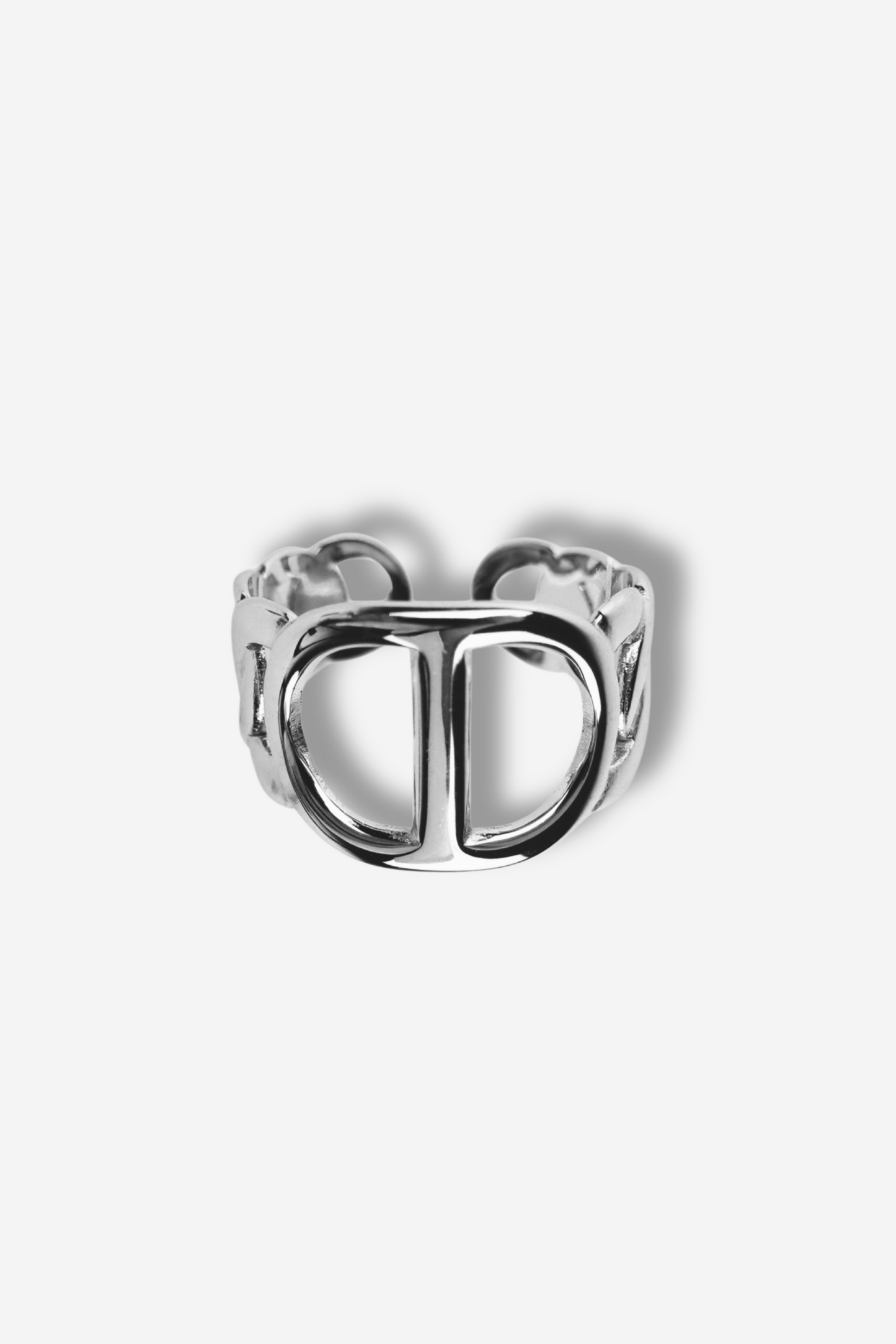 Bague TIMELESS STYLE argentée en acier inoxydable avec un design chaîne élégant, ajustable pour un confort parfait. Une pièce intemporelle et sophistiquée. Disponible sur Sisters Bay.