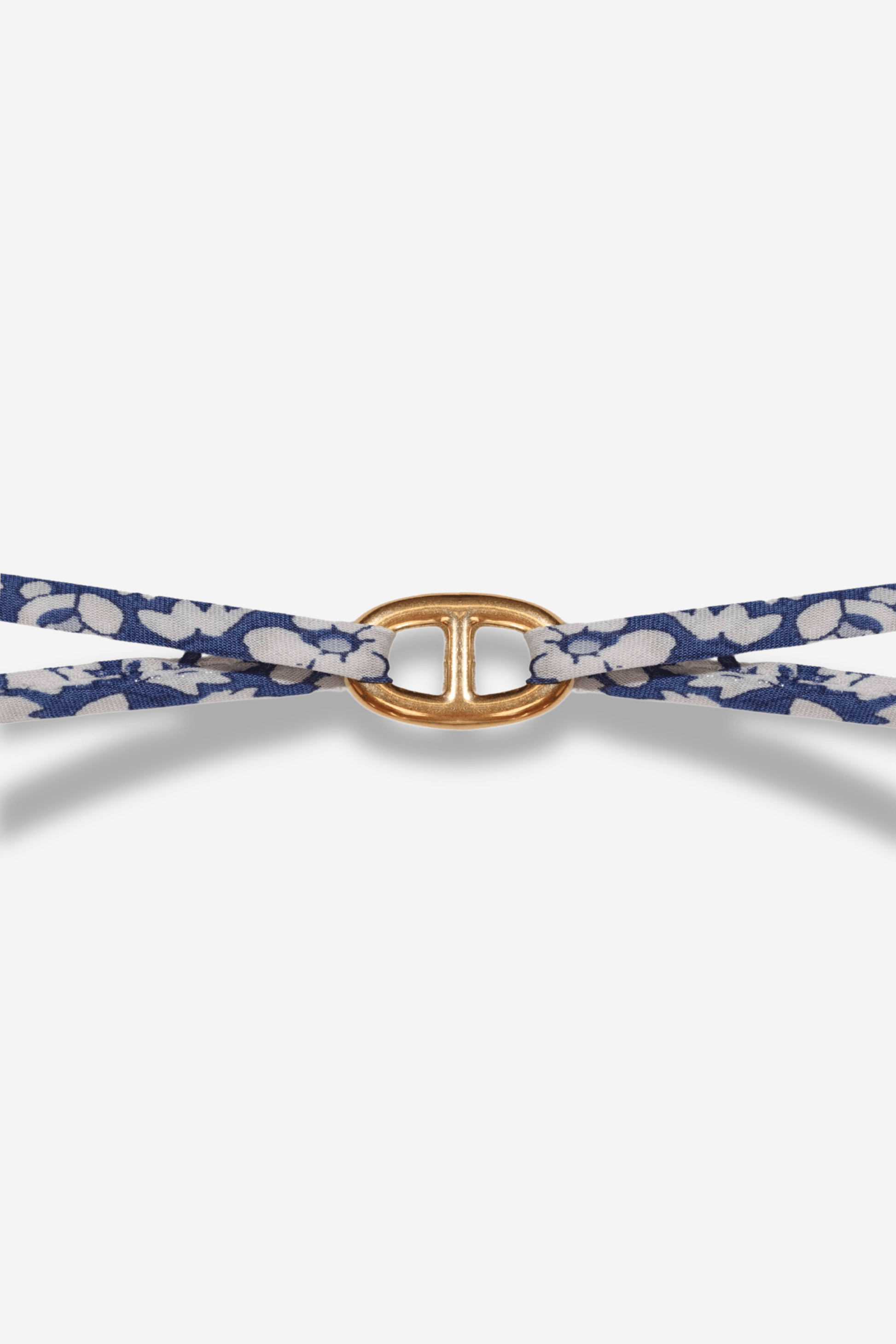 Bracelet Liberty bleu foncé Sisters Bay avec maillon doré en acier inoxydable, fait main, ajustable, parfait pour l’été et la rentrée.