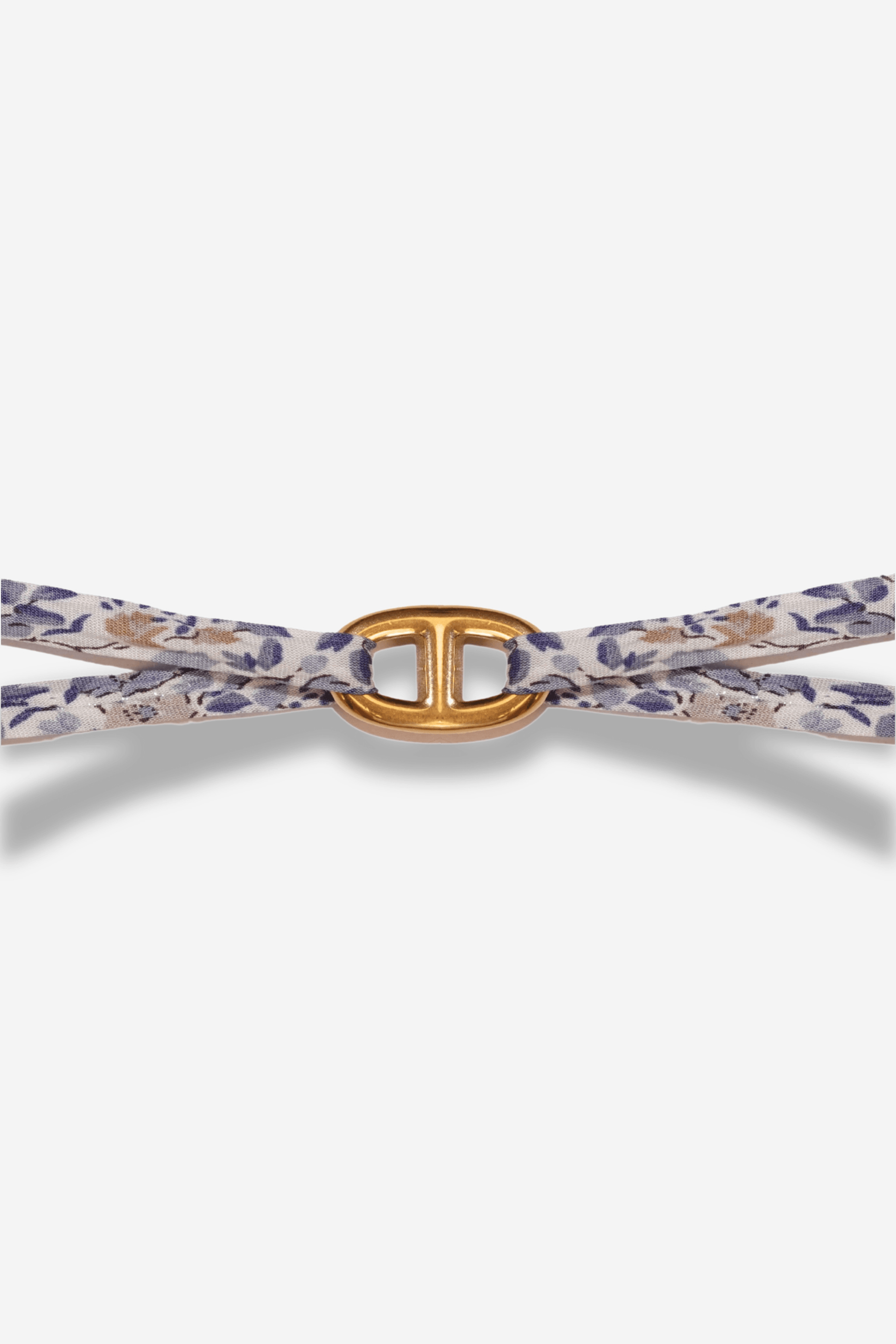 Bracelet Liberty bleu gris Navy Sisters Bay avec maillon doré en acier inoxydable, fait main, ajustable pour l’été et la rentrée.