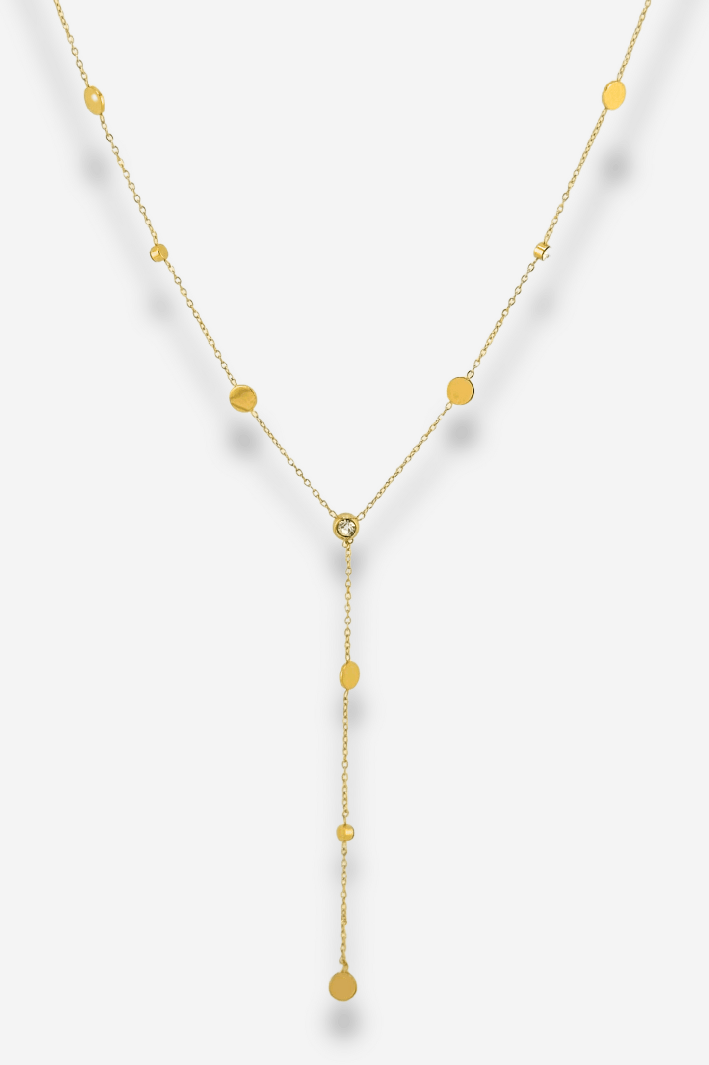 Bijou en acier inoxydable
Existe aussi en argenté
Collier en “Y” doré à strass.
Chaîne ajustable grâce à la chaînette d'extension.