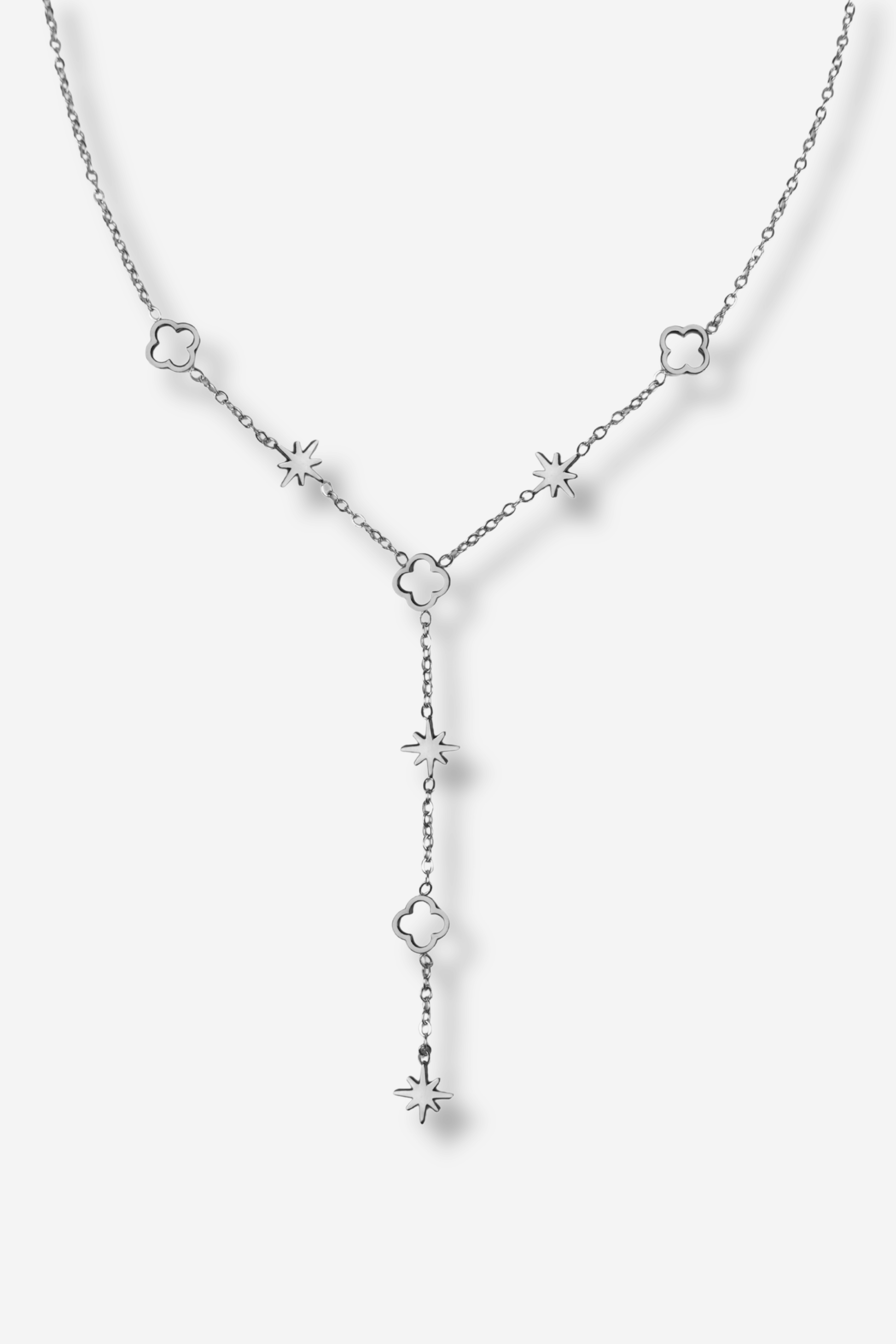 Collier Y LUCKY STAR argenté en acier inoxydable avec étoiles et trèfles, pendentif étoile, ajustable, collection Sisters Bay.