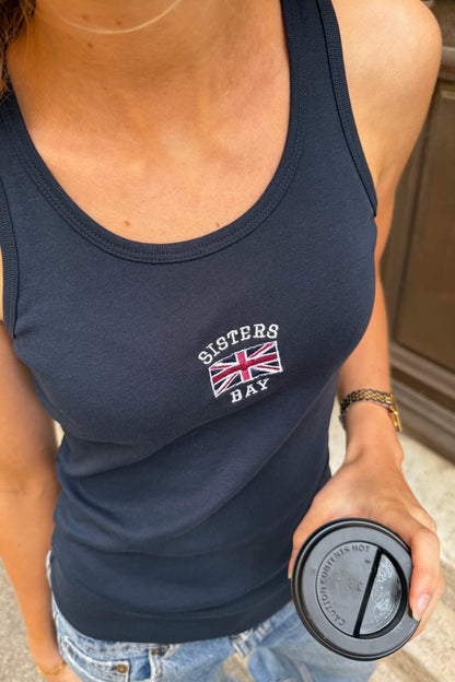 Débardeur femme Navy en coton 100%, coupe près du corps et dos nageur, avec un motif brodé de qualité signé SISTERS BAY.