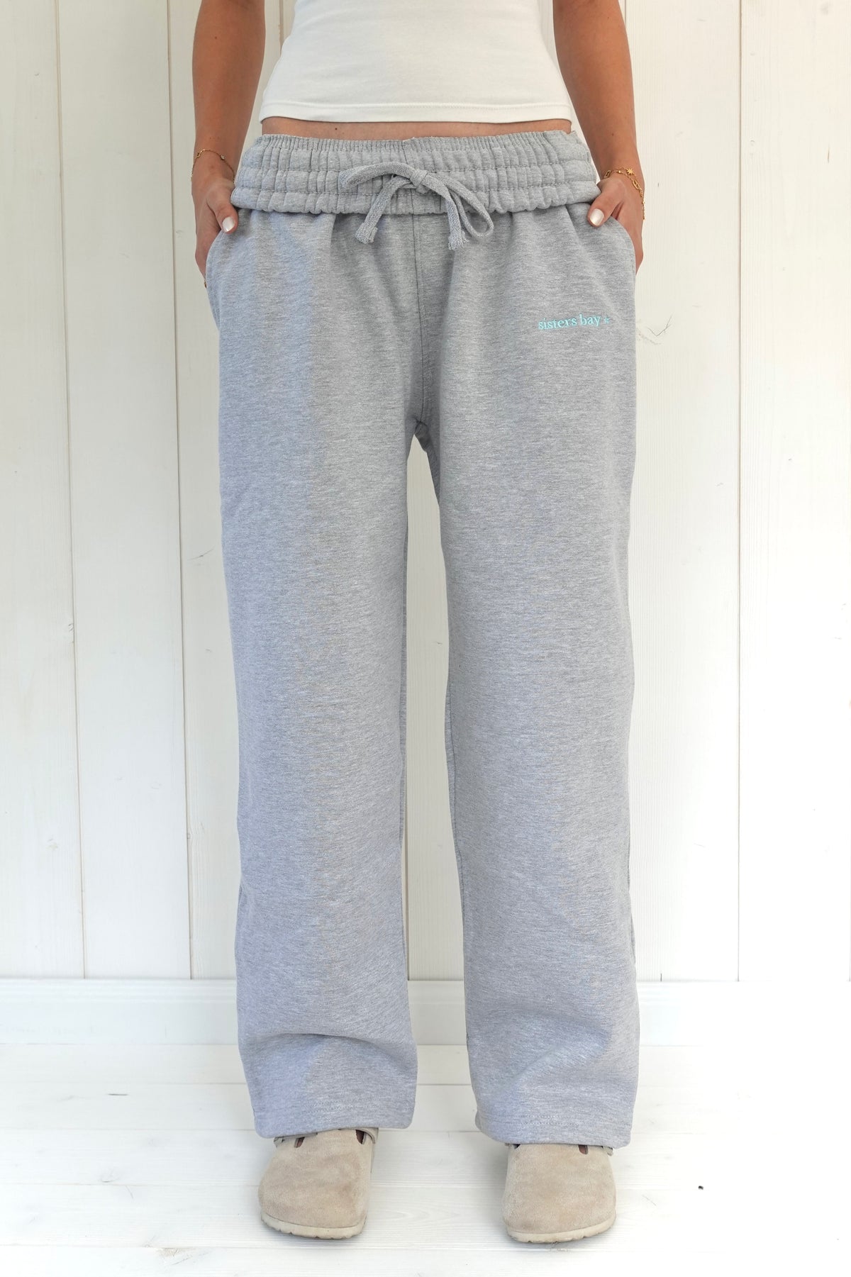 Jogging BAYCLUB turquoise gris chiné porté taille basse, coupe droite sisters bay