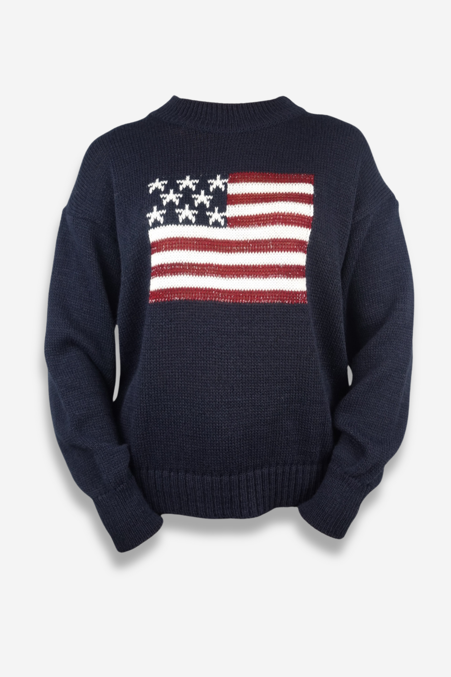 Pull navy USA avec drapeau pailleté, taille unique adaptée du XS au M. Composition : 100% acrylique. Fabriqué en Italie. Look chic et décontracté avec Sisters Bay.