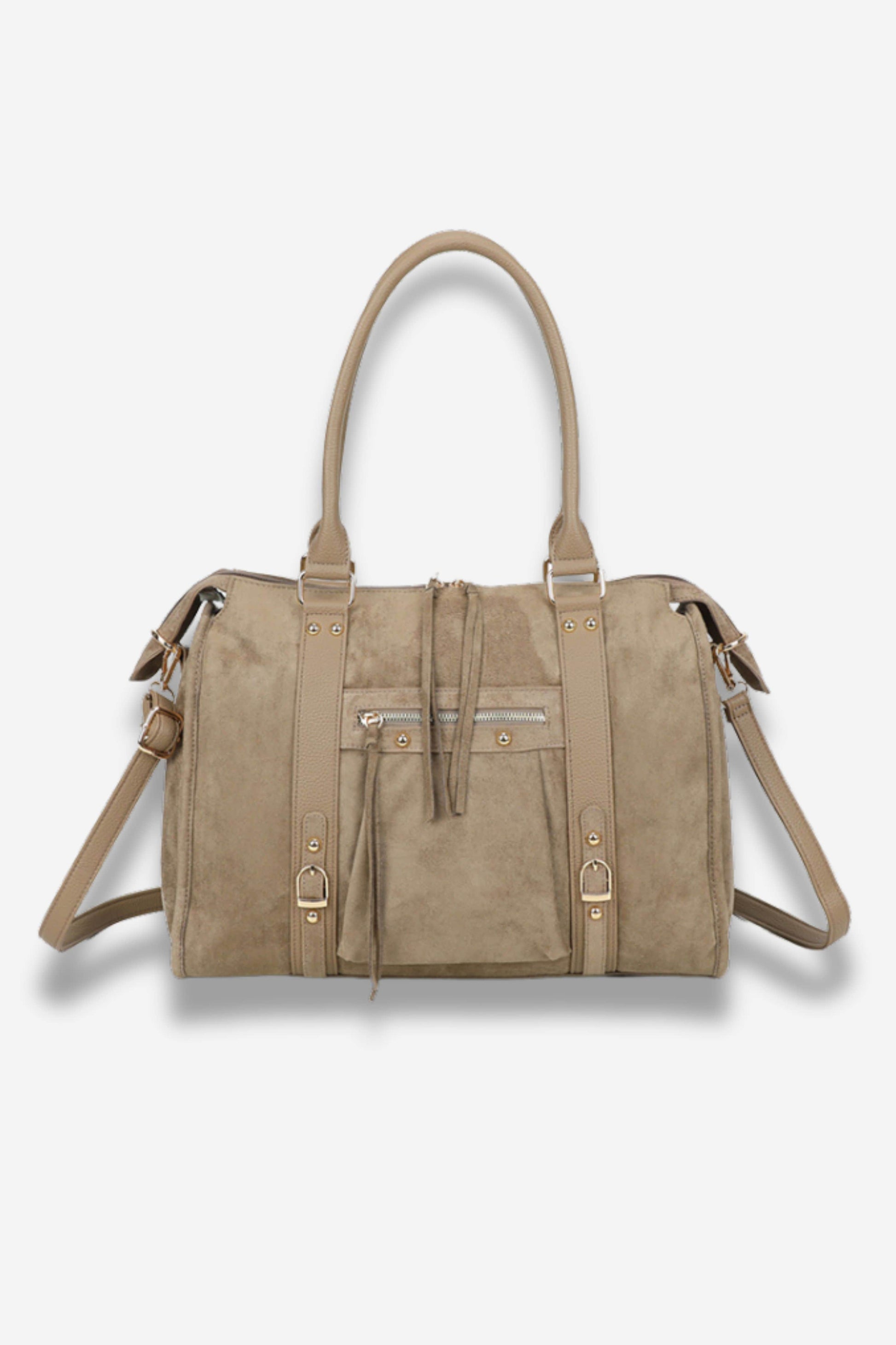 Sac à main taupe effet daim Sisters Bay avec bandoulière, format idéal pour les cours ou le travail, plusieurs poches intérieures, dimensions 39x15x30 cm.