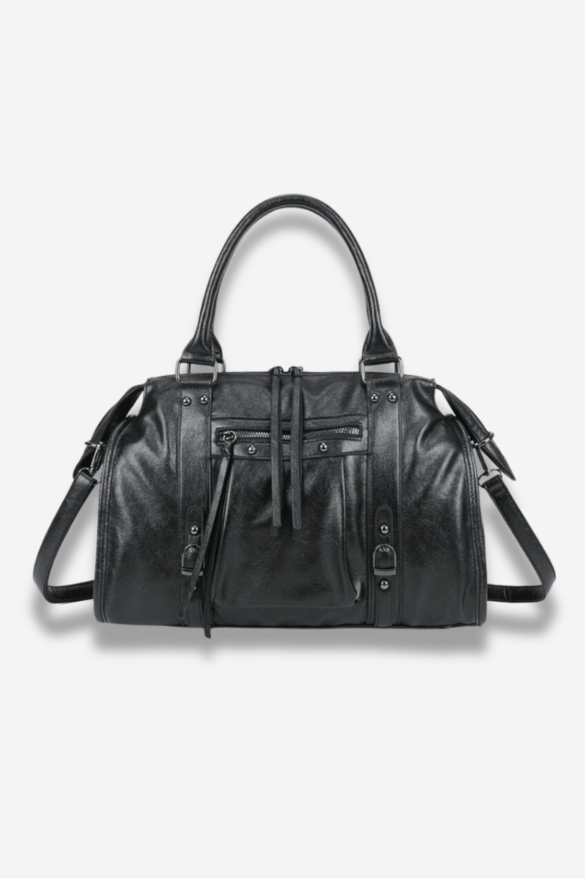 Sac à main noir effet métallisé pour femme, avec bandoulière et poches intérieures, format adapté au travail ou à l’université.