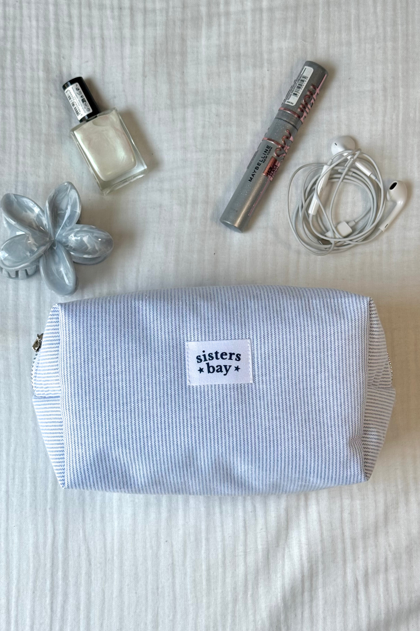 Trousse maquillage rayée bleue Sisters Bay – Pochette pratique pour cours, école et makeup