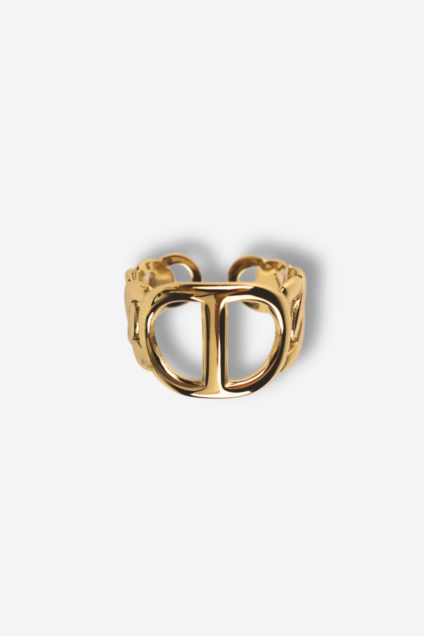 Bague TIMELESS STYLE dorée en acier inoxydable avec un design chaîne élégant, ajustable pour un confort parfait. Une pièce intemporelle et sophistiquée. Disponible sur Sisters Bay.