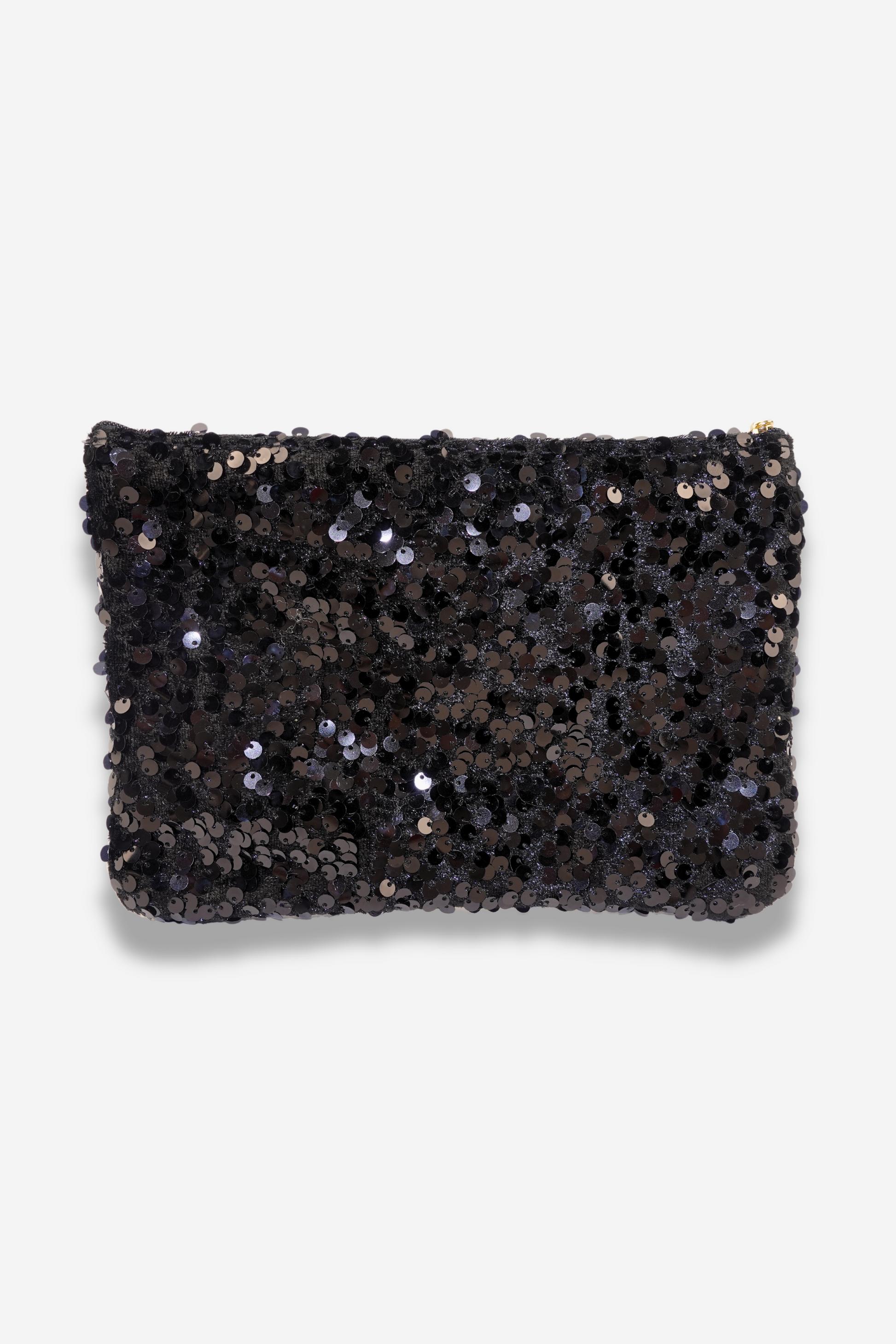 Pochette GLITTER en polyester noir avec grandes paillettes rondes et fermeture éclair dorée. Idéale pour maquillage ou objets personnels. Disponible sur Sisters Bay.